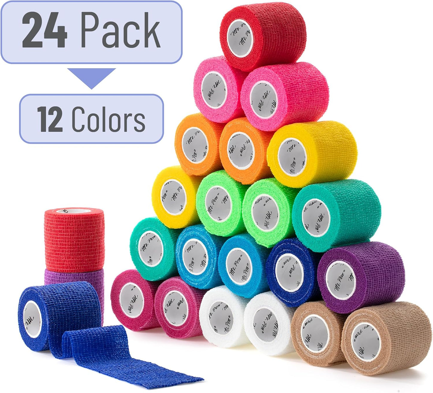 Mr. Pen- Self Adhesive Bandage Wrap, 24 Pack, Colorful, 2“ x 5 Yards, Adhesive Bandages