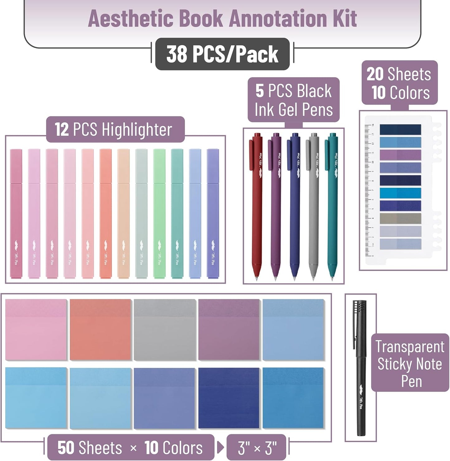 Mr. Pen- Aesthetic Book Annotation Kit, 38 pcs, Aesthetic Highlighters and Gel Pens, Transparent Sticky Notes