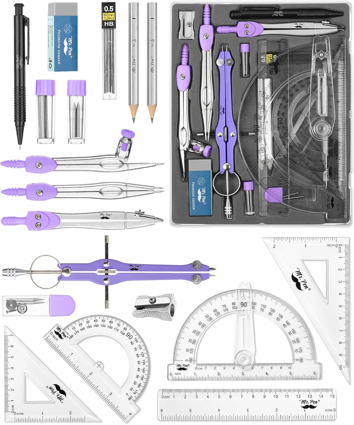 Mr. Pen- Geometry Set, 15 pcs, Purple, 6 Inch Swing Arm Protractor, Divider, Set Squares, Ruler