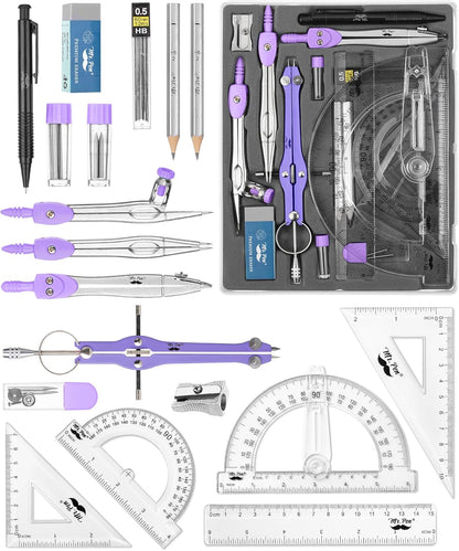 Mr. Pen- Geometry Set, 15 pcs, Purple, 6 Inch Swing Arm Protractor, Divider, Set Squares, Ruler