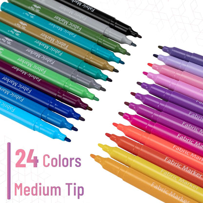 Permanent Fabric Markers, 24 Pack, 2.6mm Tip, Colorful