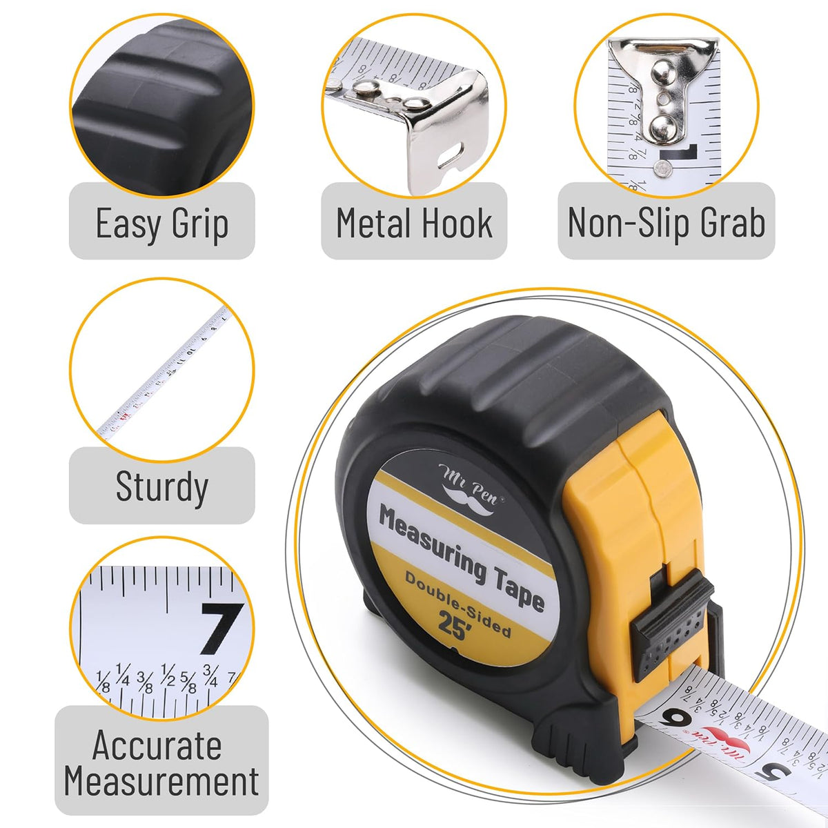 Mr. Pen- Tape Measure, 25-Foot, Yellow, Double Sided Steel Measuring Tape Measure with Fractions