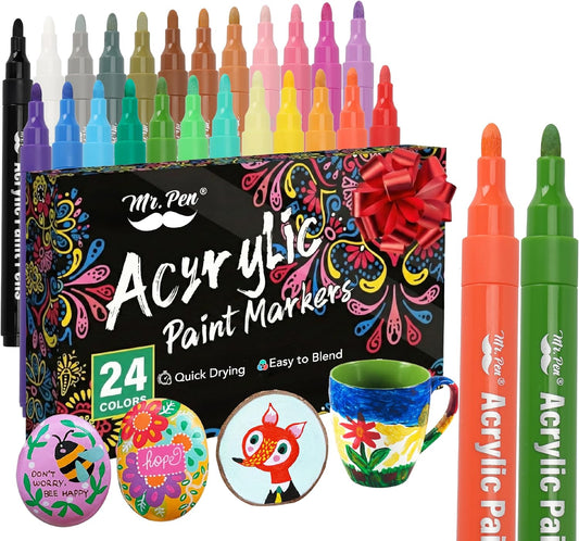 Acrylic Paint Markers 24 Pack, Brush Tip, Water-Based, Colorful