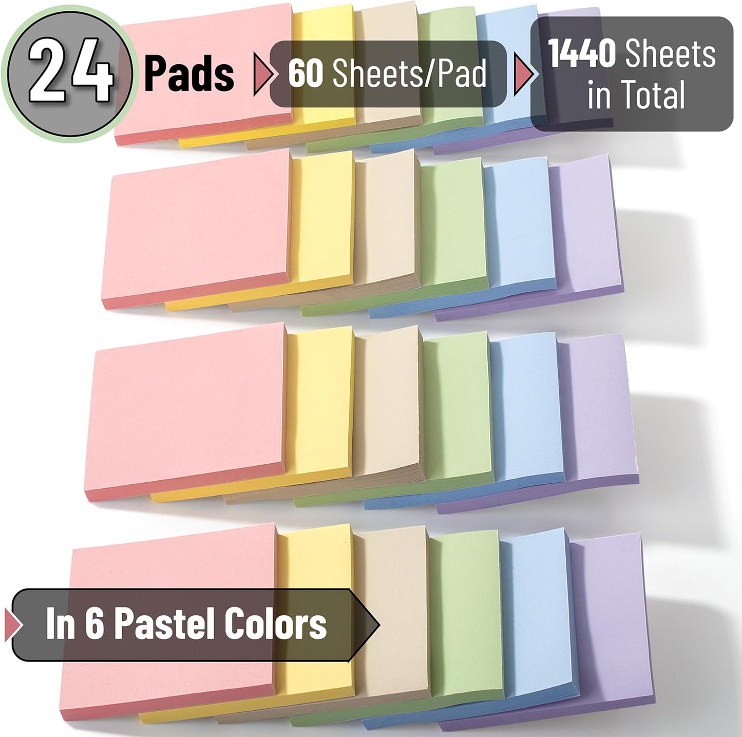 Sticky Notes, 3”x3”, 24 Pads, Pastel Colors Sticky Notes, Sticky Note, Self-Stick Note Pads, Sticky Pads Sticky Notes Aesthetic, Colorful Sticky Notes, Sticky Notes Bulk, Bulk Sticky Notes