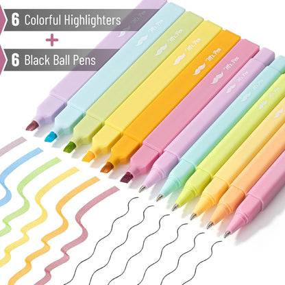 Aesthetic Highlighters and Pens No Bleed, 12 Pack, Pastel Color Bible Highlighters No Bleed, Black Ink Bible Pens, Highlighter Pens, No Bleed Highlighters for Bibles, Bible Pens