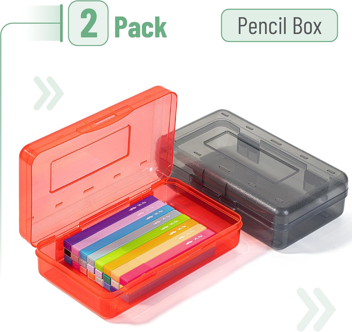 Mr. Pen- Clear Pencil Boxes, 2 Pack, Dark Grey and Red, Snap-Tight Lid, Plastic Pencil Box Organizer