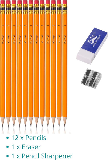 Pencils with Sharpener and Eraser, 12 Pencil, 1 Metal Pencil Sharpener, 1 Eraser, Pencils and Sharpener, Pencil and Sharpener Set, School Supplies, Pencil with Sharpener, Erasers for Kids