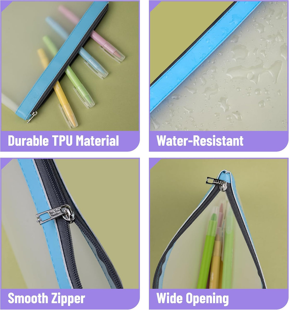 Mr. Pen- Clear Pencil Pouch, 9" x 6.88", 3 Pack, Blue Shades, Large, Pencil Bags