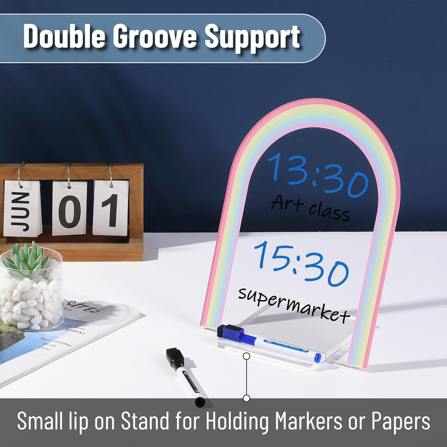Mr. Pen- Clear Acrylic Board with Stand, 11.8" x 9", 3 Markers, Rainbow Theme, Clear Dry Erase Board for Desk