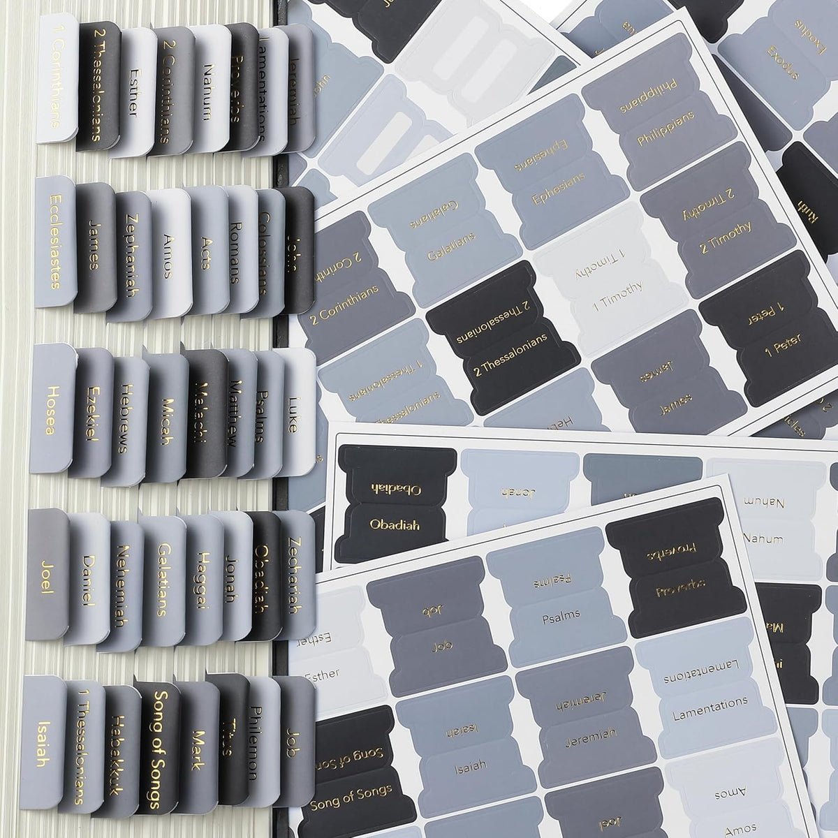 Mr. Pen- Bible Tabs, 75 pcs, Shades of Gray, Gold Foil Embossed Lettering