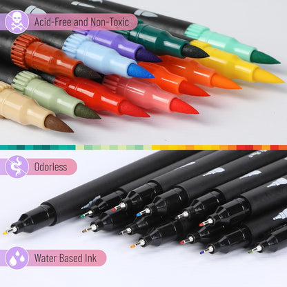 Dual Tip Brush Markers, 12 Pack, Muted Colors, Fine + Brush Tip