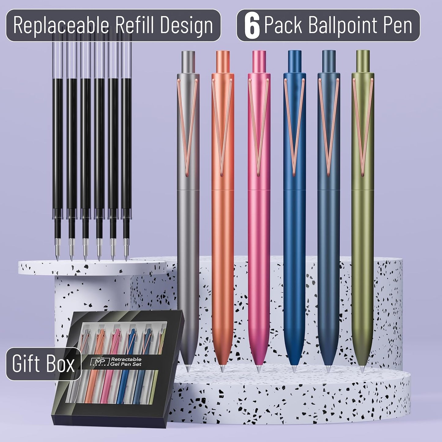 Retractable Gel Pens, 6 Pack, Black Ink Gel Pens Fine Point 0.5mm, Metallic Dark Vintage Barrels, Fast Dry, Retractable Pens, Gel Ink Pens, Aesthetic Pens for Journaling Fine Tip Pens