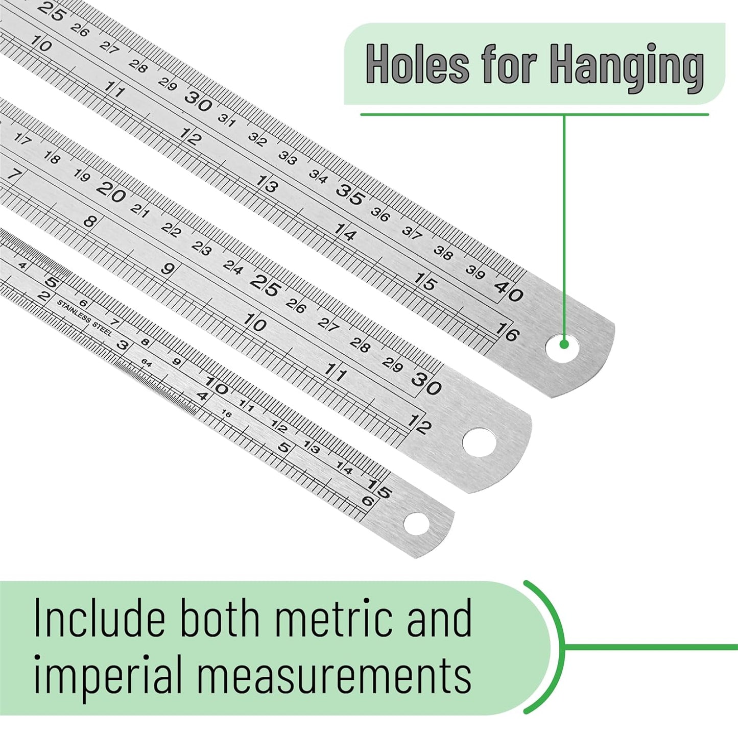 Stainless Steel Ruler, 3 pcs, 6", 12", 16", Imperial & Metric Measurements, Metric Metal Ruler Set, mm Ruler, Metal Rulers, Small Metal Ruler Metal Straight Edge, Centimeter Ruler