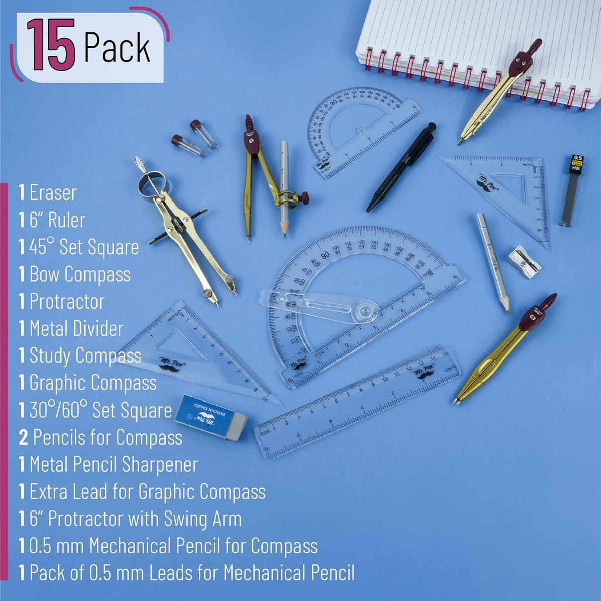 Mr. Pen- Geometry Set, 15 pcs, Golden, 6 Inch Swing Arm Protractor, Divider, Set Squares