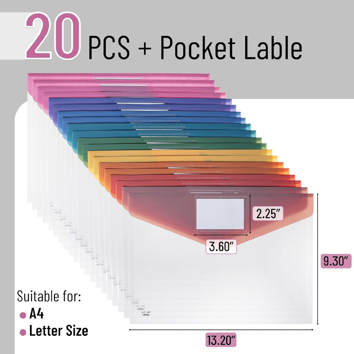 Mr. Pen- Clear Plastic Envelopes with Snap Closure, 20 Pack, A4, Letter Size, Colorful Flaps