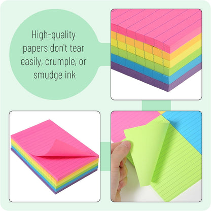 Lined Sticky Notes 4x6, 6 Pads, 360 Sheets, Assorted Colors