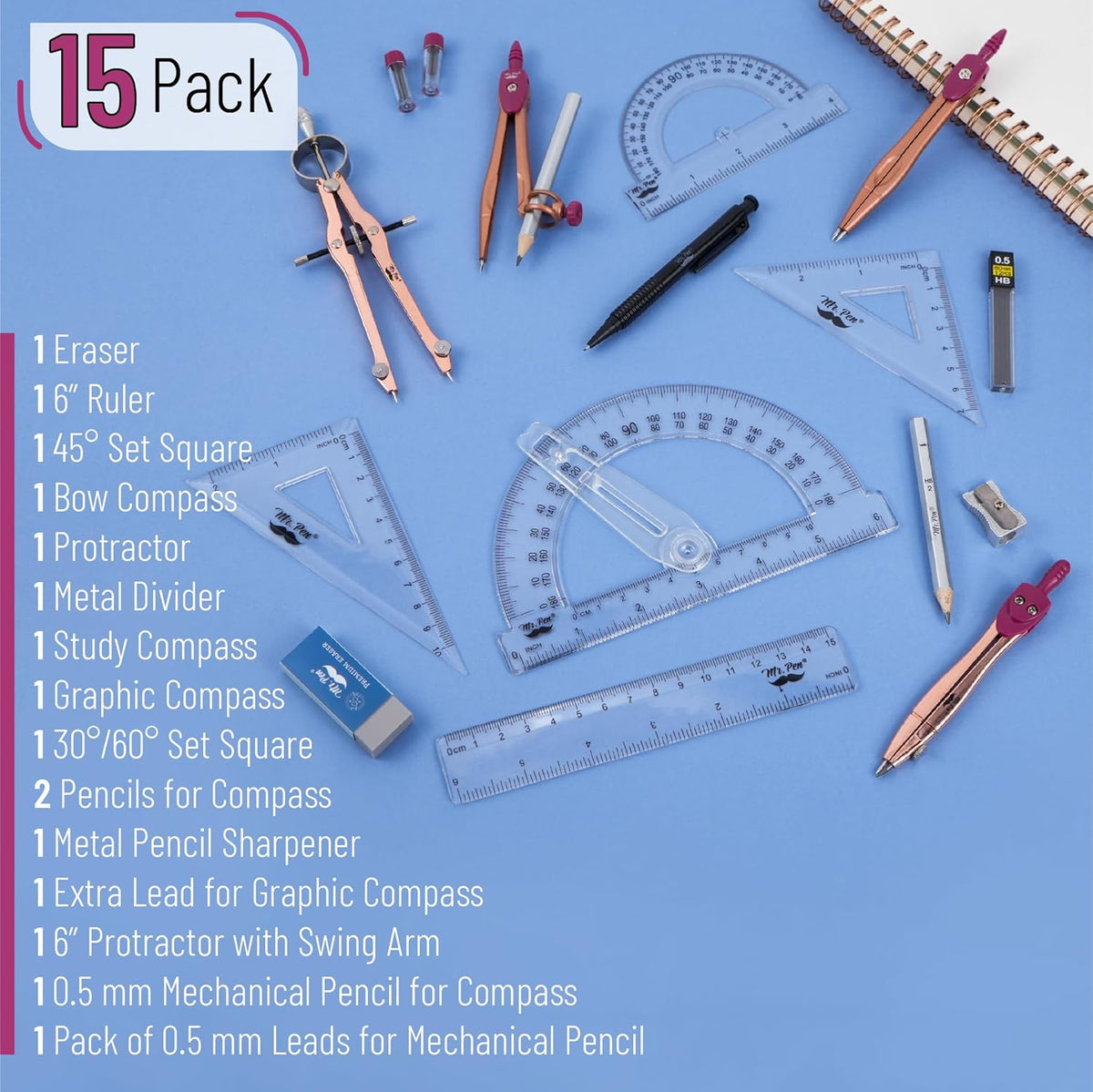Mr. Pen- Geometry Set, 15 pcs, Rose Gold & Pink, 6 Inch Swing Arm Protractor, Divider