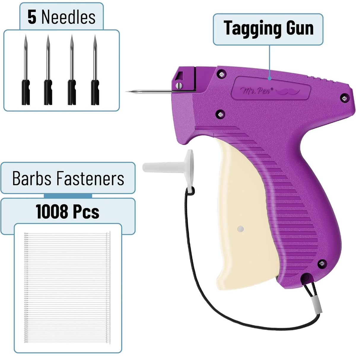 Mr. Pen- Tagging Gun, 5 Needles, 1008 pcs 2" Barbs Fasteners, Purple & White, Tagging Gun for Clothing Tag Gun for Clothes Tag Gun, Price Tag Gun
