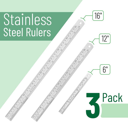 Stainless Steel Ruler, 3 pcs, 6", 12", 16", Imperial & Metric Measurements, Metric Metal Ruler Set, mm Ruler, Metal Rulers, Small Metal Ruler Metal Straight Edge, Centimeter Ruler