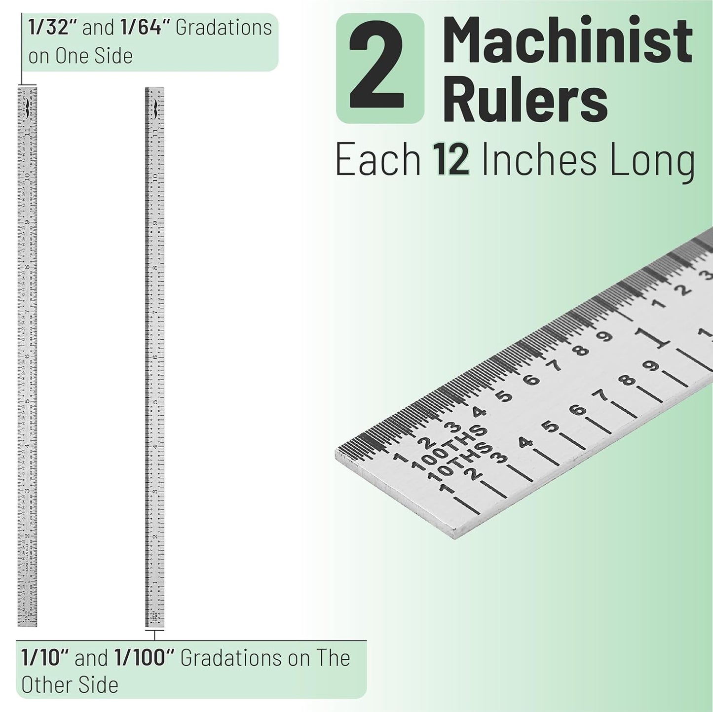 Machinist Ruler 12 Inch, 2 Pack, Stainless Steel, 1/10 1/100 1/32