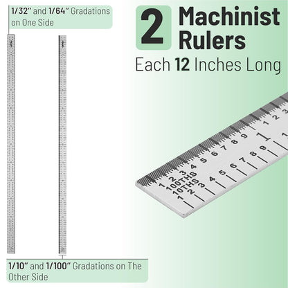 Machinist Ruler 12 Inch, 2 Pack, Stainless Steel, 1/10 1/100 1/32