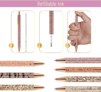 Mr. Pen- Fancy Pens for Women, 7 Black Ink Ballpoint Pens with 10 Refills, 1.0mm, Rose Gold Reverie, Glitter Cute Pens for Journaling