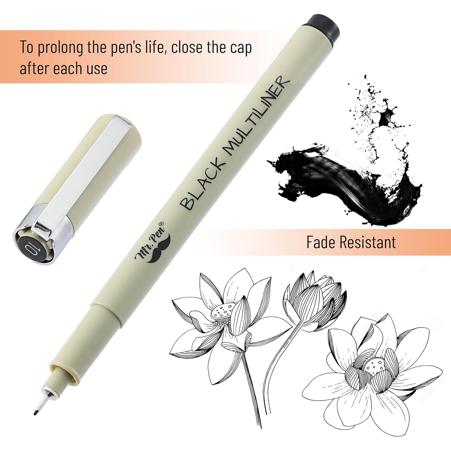 Artist Fineliner Pens, Black, 0.45mm Tip, 8 Pack