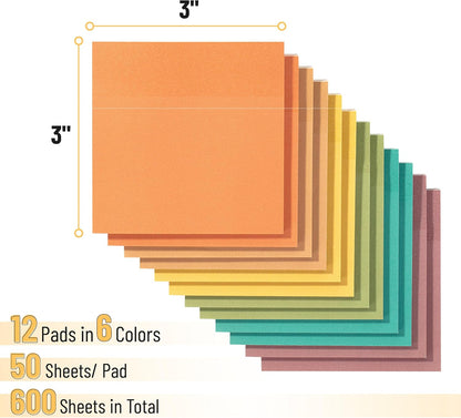 Earthy Colors Sticky Notes 3x3, 12 Pads, 600 Sheets