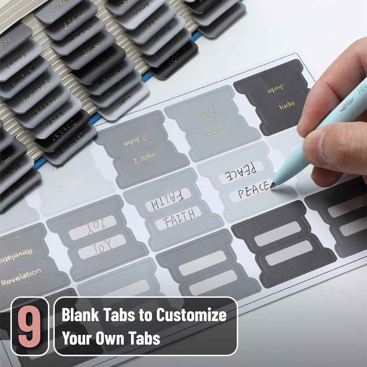 Mr. Pen- Bible Tabs, 75 pcs, Shades of Gray, Gold Foil Embossed Lettering