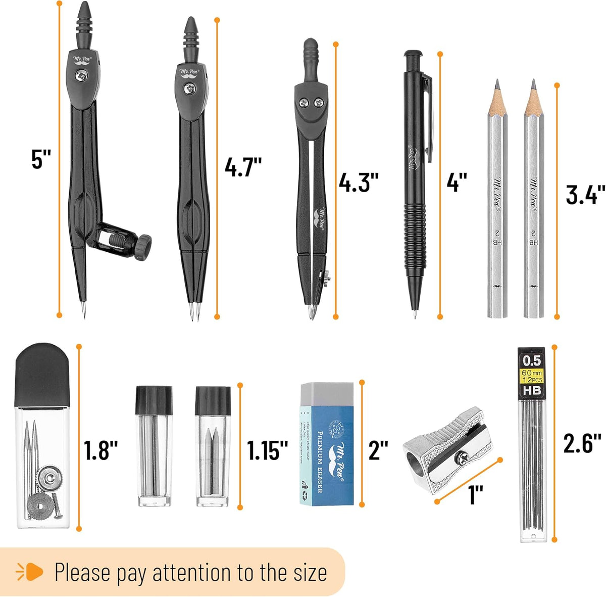 Mr. Pen- Geometry Set, 15 pcs, Black, 6 Inch Swing Arm Protractor, Divider, Set Squares, Ruler