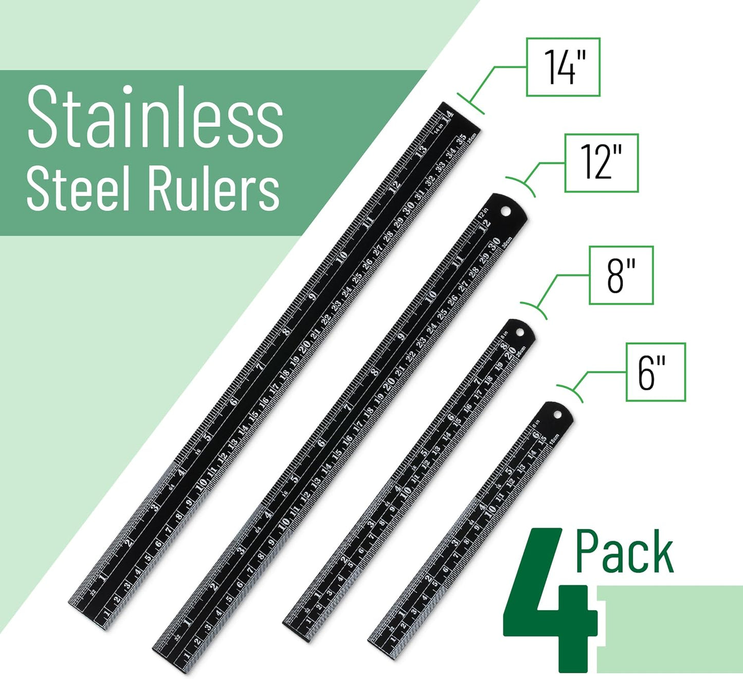 Mr. Pen- Stainless Steel Ruler, 4 pcs, 6", 8", 12", 14", Black, Imperial & Metric Measurements