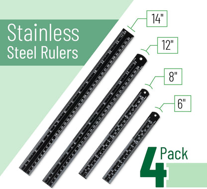 Mr. Pen- Stainless Steel Ruler, 4 pcs, 6", 8", 12", 14", Black, Imperial & Metric Measurements