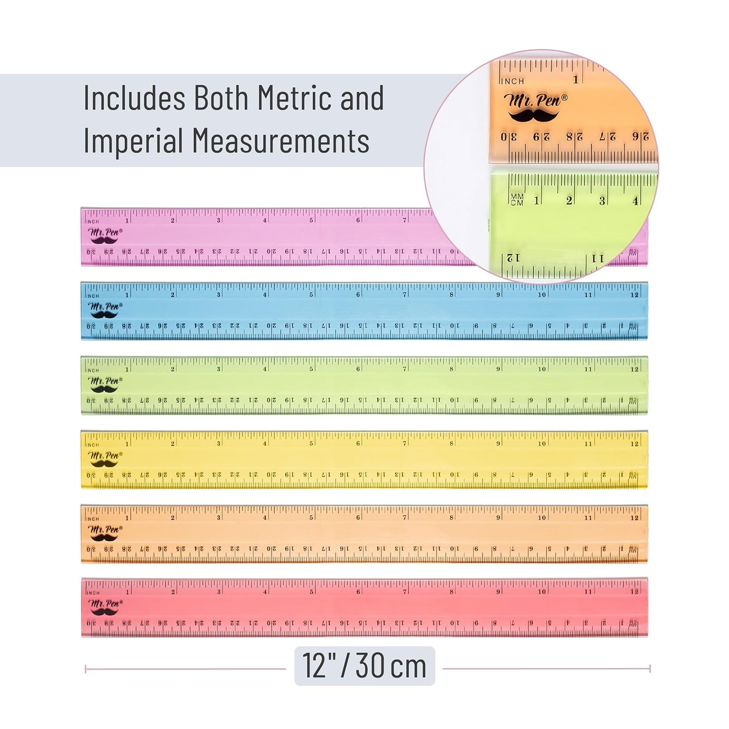 Mr. Pen- Plastic Rulers, 12 Inch, 6 Pack, Pastel Colors, Metric & Imperial, Clear Ruler Set, Cute Ruler 12 Inch