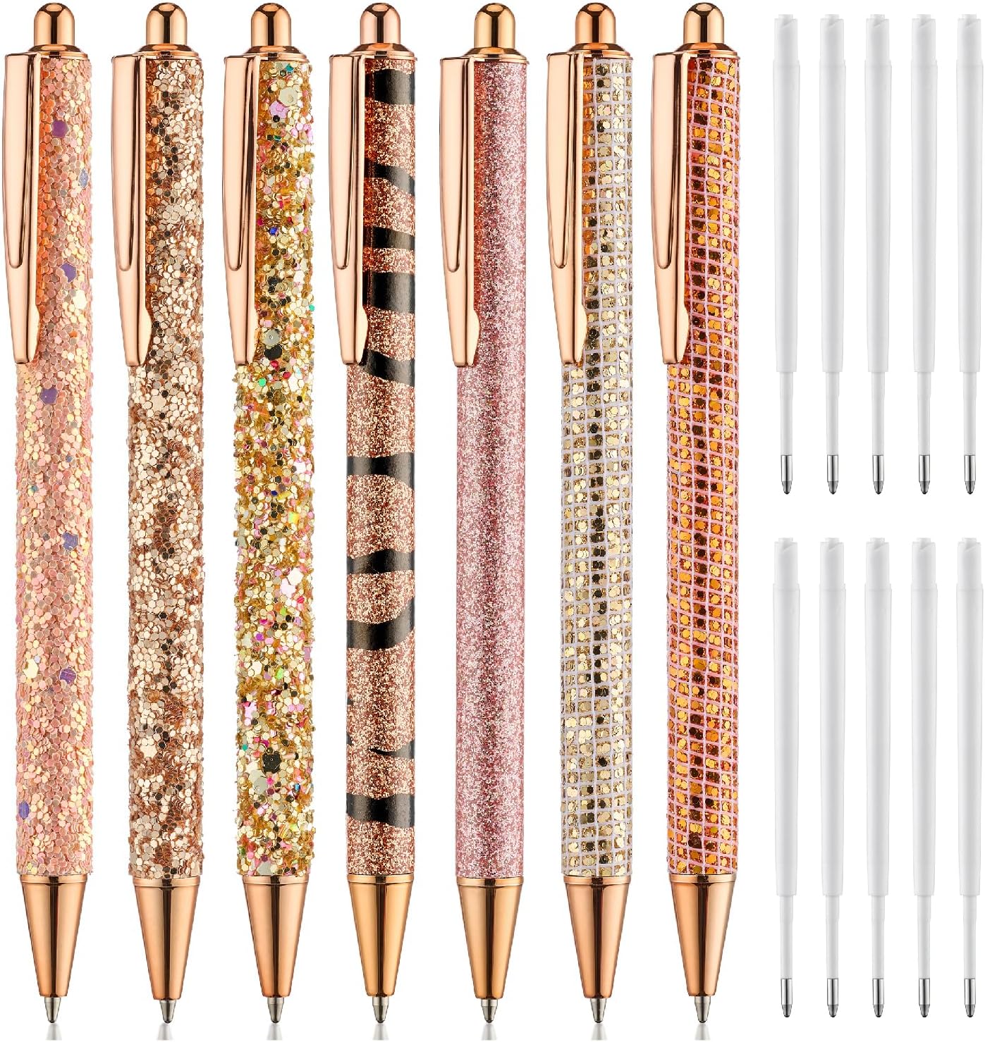 Mr. Pen- Fancy Pens for Women, 7 Black Ink Ballpoint Pens with 10 Refills, 1.0mm, Rose Gold Reverie, Glitter Cute Pens for Journaling
