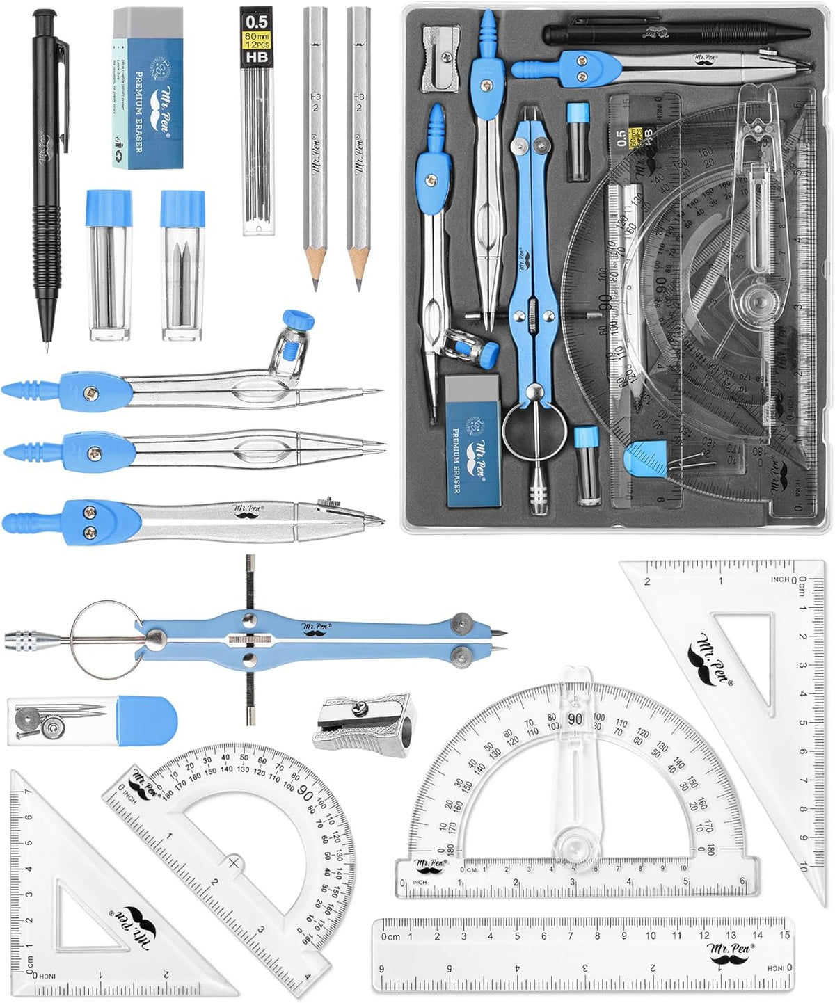 Mr. Pen- Geometry Set, 15 pcs, Blue, 6 Inch Swing Arm Protractor, Divider, Set Squares, Ruler