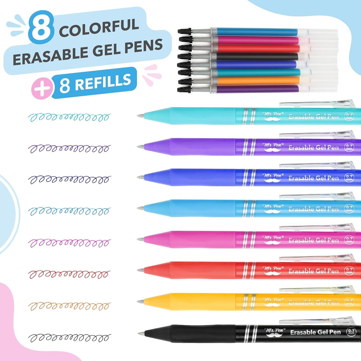 Mr. Pen- Erasable Gel Pens, 8 Pens & 8 Refills, 0.7mm, Assorted Colors