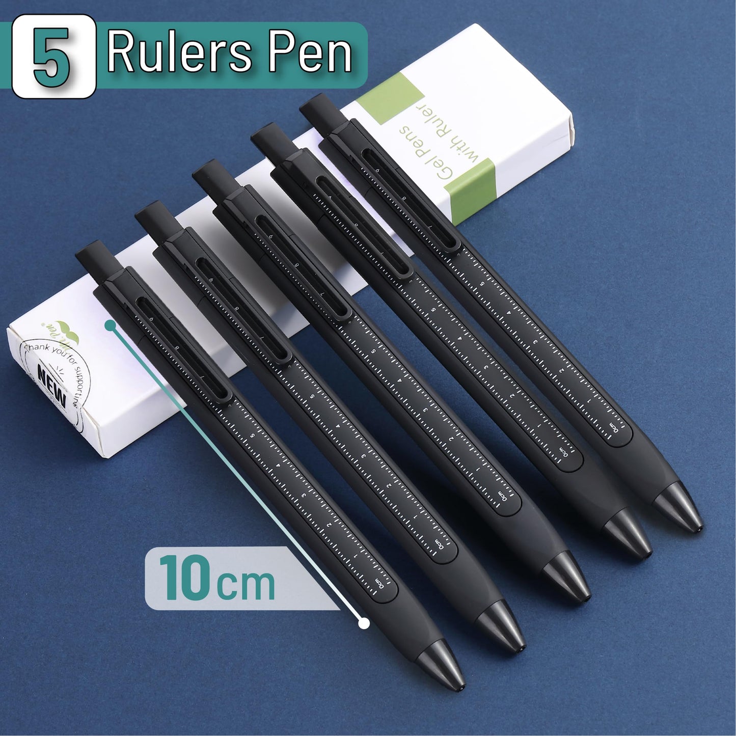 Retractable Gel Pens with Ruler, 5 Pack, Black Ink Gel Pens, Gel Pens Fine Point 0.5mm, Retractable Pens, Gel Ink Pens, Aesthetic Pens for Journaling Fine Tip Pens