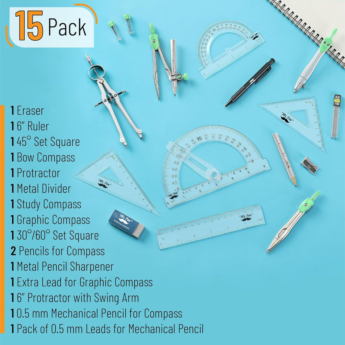 Mr. Pen- Geometry Set, 15 pcs, Green, 6 Inch Swing Arm Protractor, Divider, Set Squares, Ruler