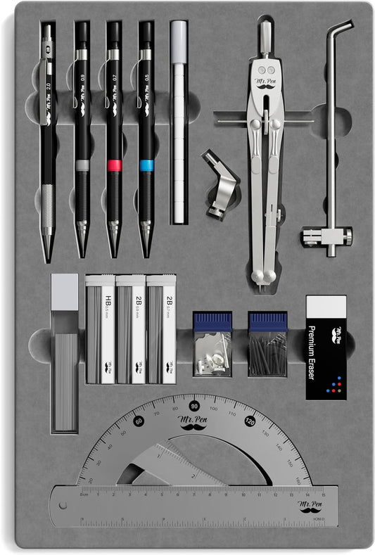 Professional Geometry Set, 17 pcs, Silver Geometry Kit for Artists, Metal Rulers and Compasses, Mechanical Pencil Set, Drafting Tools & Drafting kits, Metal Compass and Protractor Set