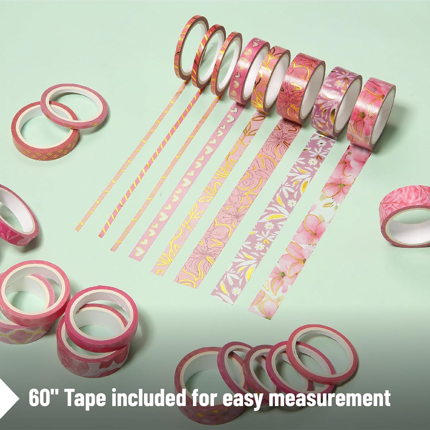 Mr. Pen- Washi Tape Set, 21 Rolls, Floral Pink, Decorative Tape with Measure Tape