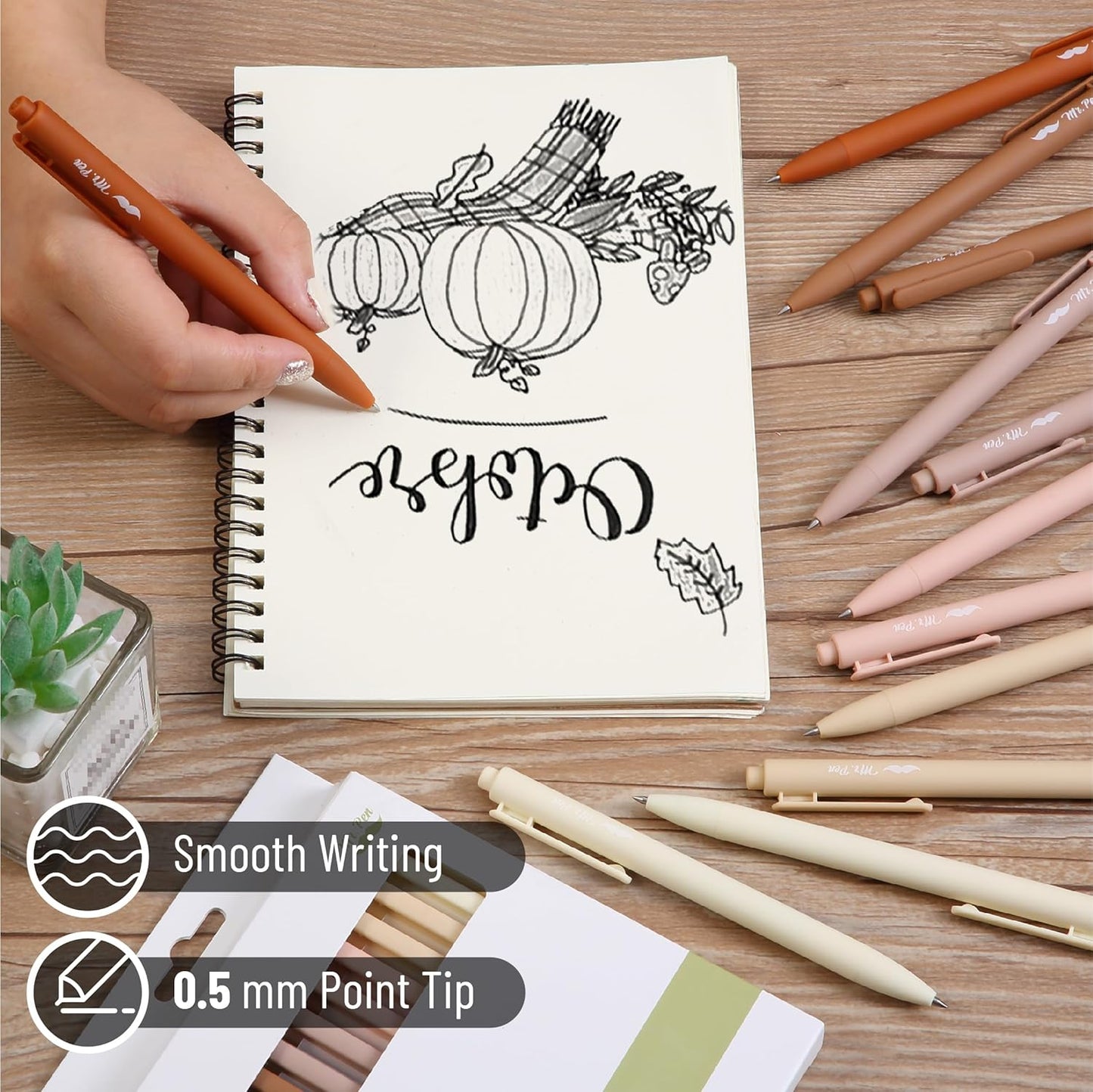 Mr. Pen- Retractable Gel Pens, 12 Pack, Black Ink, Natural Colors Barrels Gel Pens, Gel Pens Fine Point 0.5mm, Retractable Pens