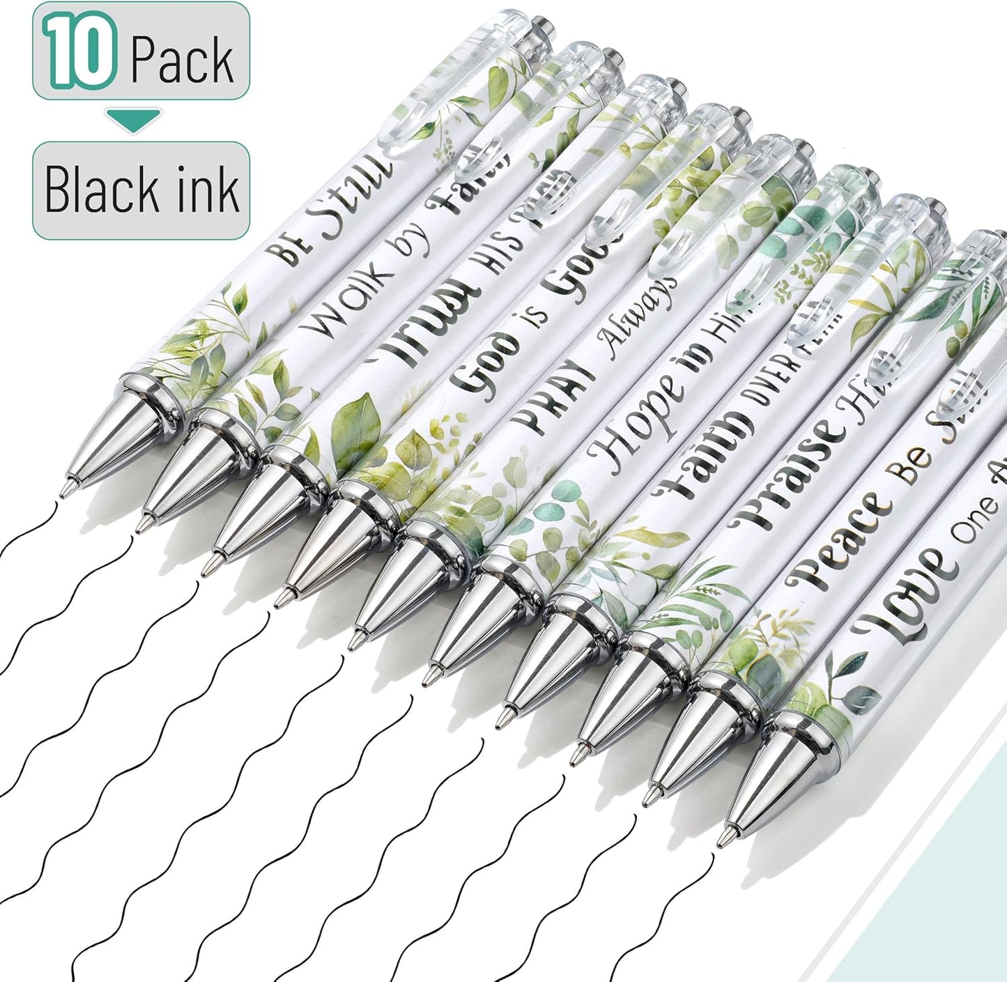 Mr. Pen- Christian Pen Set, 10 Pack, Green Elegance, Black Ink, Bible Verse Pen