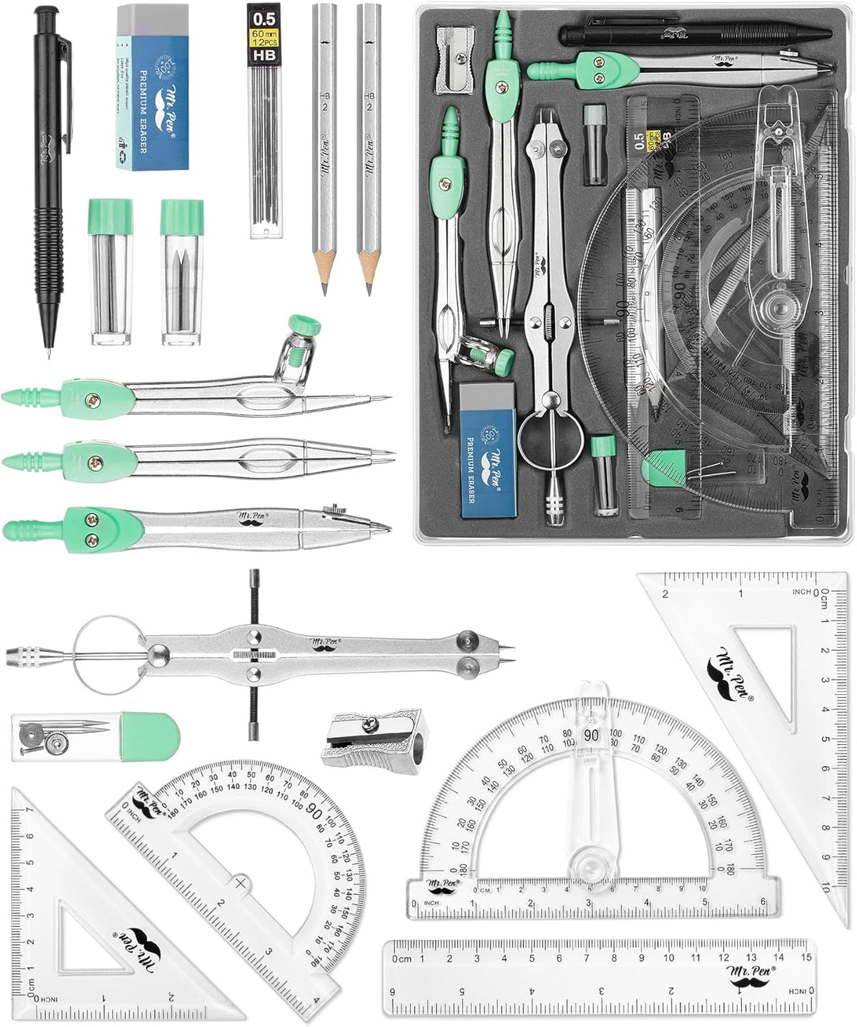 Mr. Pen- Geometry Set, 15 pcs, Green, 6 Inch Swing Arm Protractor, Divider, Set Squares, Ruler