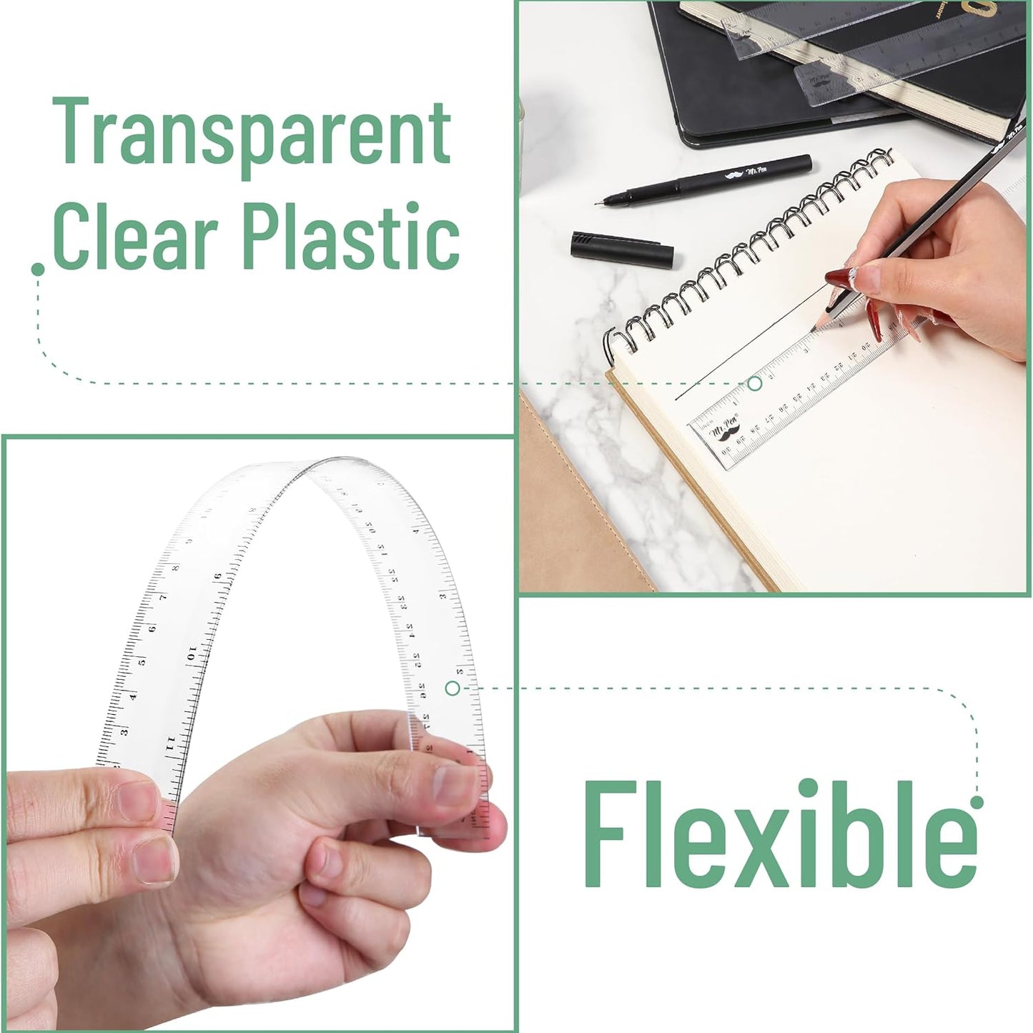 Clear Plastic Rulers Set, 3 Pack, 6”, 8”, 12”, Metric & Inch