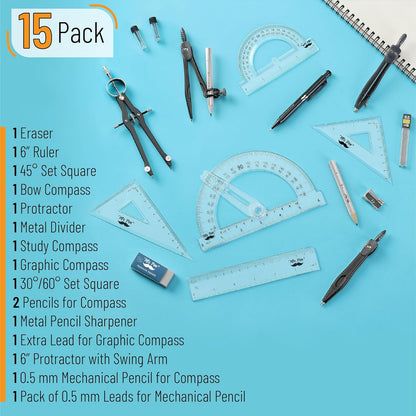 Mr. Pen- Geometry Set, 15 pcs, Black, 6 Inch Swing Arm Protractor, Divider, Set Squares, Ruler