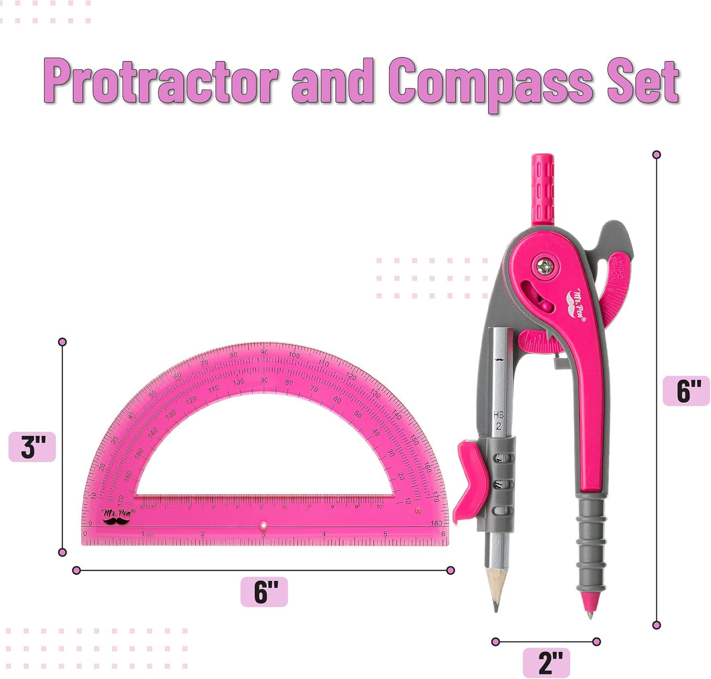 Mr. Pen- Compass and Protractor Set, Vivid Cerise, Compass Geometry Tool, Protractor and Compass Set, Compass Drawing Tool