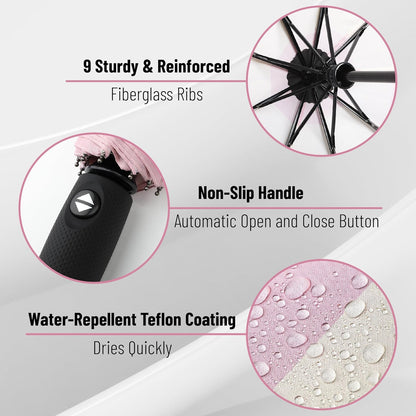 Mr. Pen- Windproof Travel Umbrella, Pink Stripes, Automatic Umbrellas for Rain, Compact Umbrella
