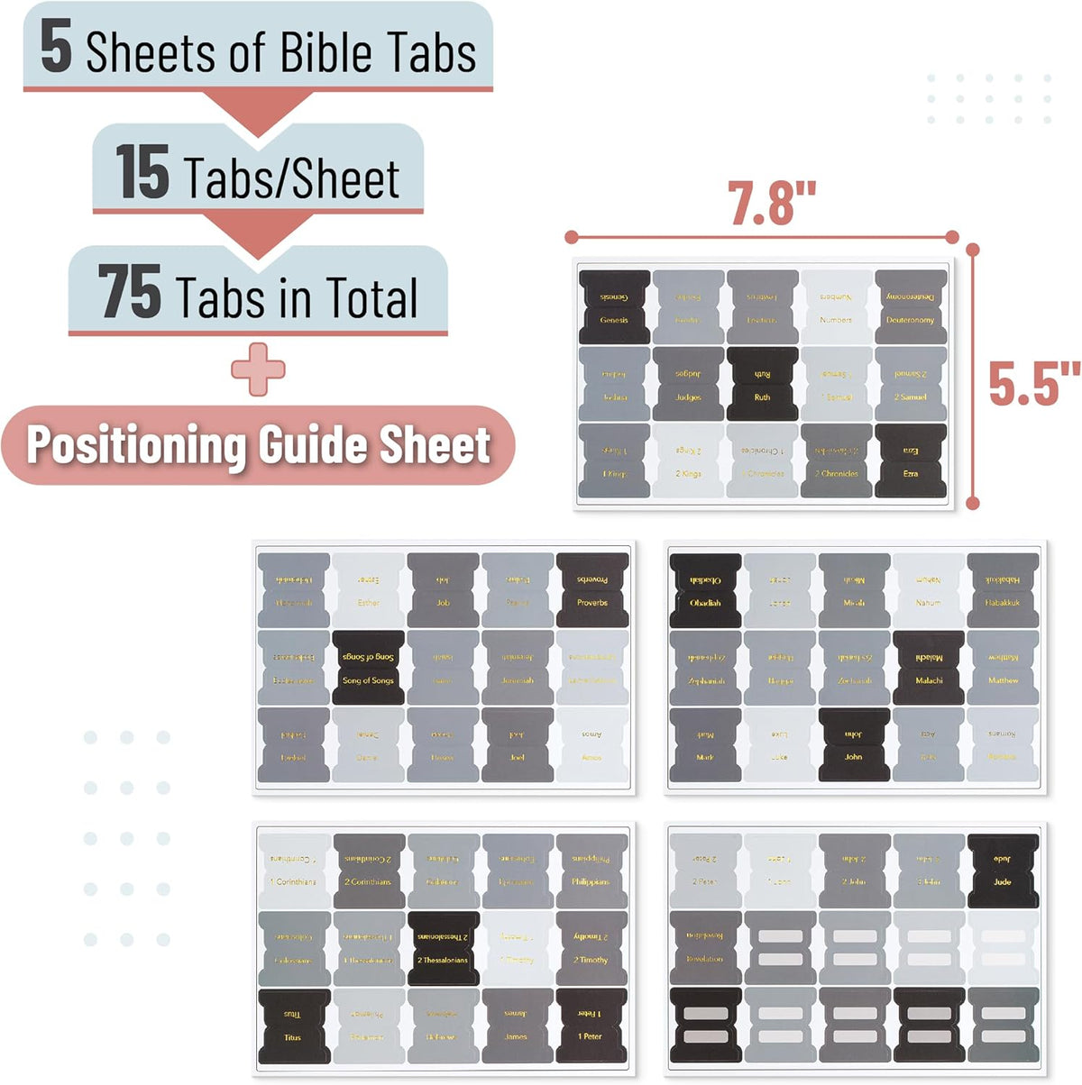 Mr. Pen- Bible Tabs, 75 pcs, Shades of Gray, Gold Foil Embossed Lettering
