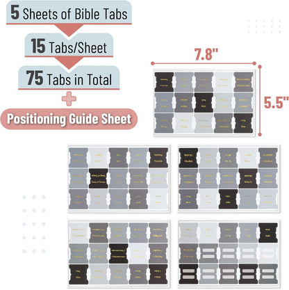 Mr. Pen- Bible Tabs, 75 pcs, Shades of Gray, Gold Foil Embossed Lettering