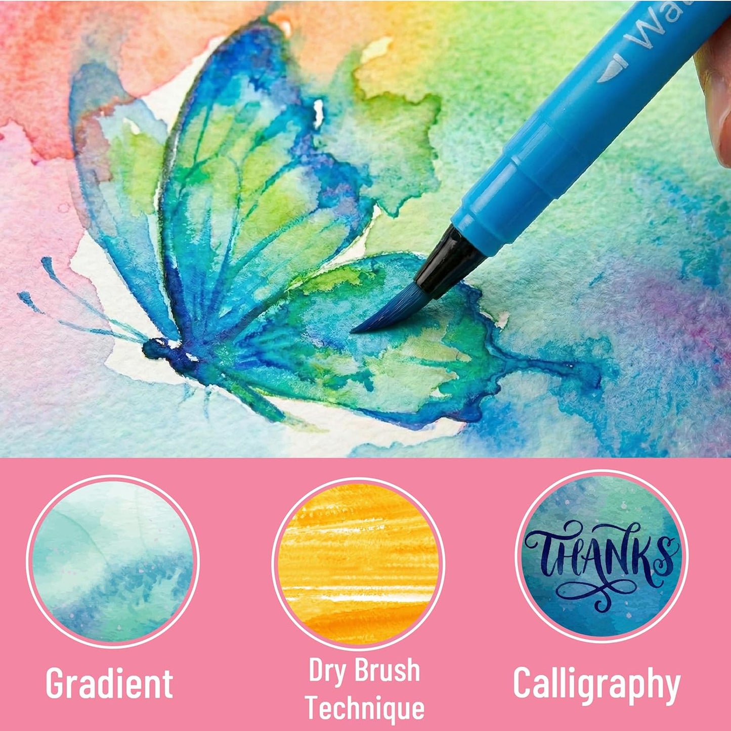 Watercolor Markers, 36 Pack, Brush Tip Pens, Water-Based, Non-Toxic